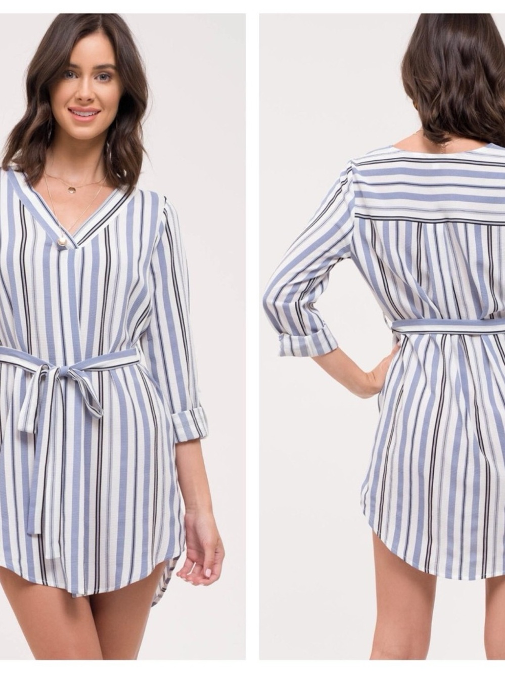 mine Striped V-Neck Shirt Dress in Blue & White
